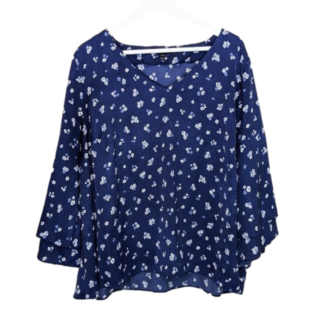 Lane Bryant Floral Bell Sleeves Top Womens Size 18/20 V-Neck Flowy Navy